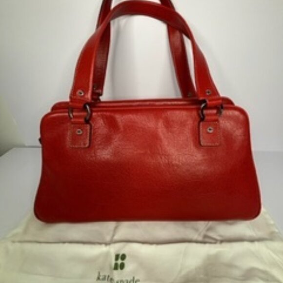 Kate Spade New York "Tomato" Red Pebbled Leather Satchel – Striped Lining - Picture 2 of 11